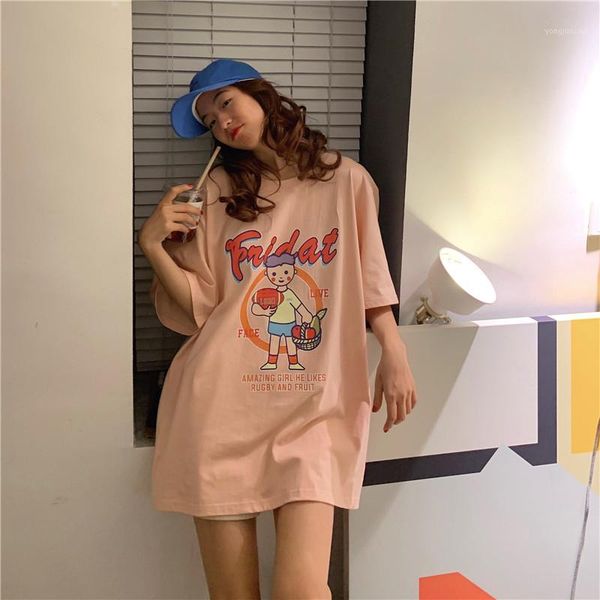 

cartoon print summer long tshirts women casual kawaii letter print korean shirts o-neck loose funny plus size cotton w5421, White