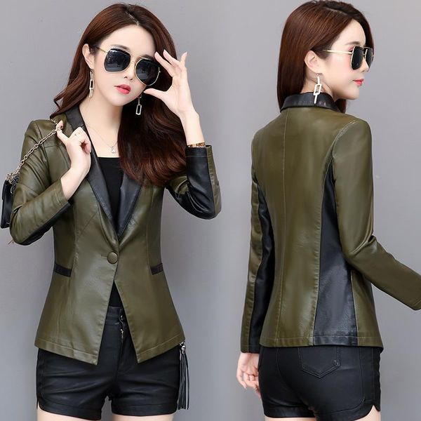 

new slim women blazer spring autumn leather coat female one button suit leather jacket plus size 4xl swredmi, Black