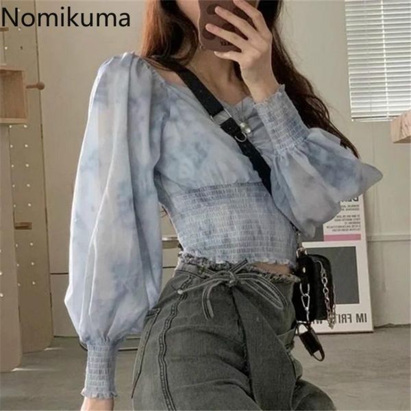 

women's blouses & shirts nomikuma korean gradient color women blouse sqaure collar lantern long sleeve shirt 2021 autumn short blusas f, White