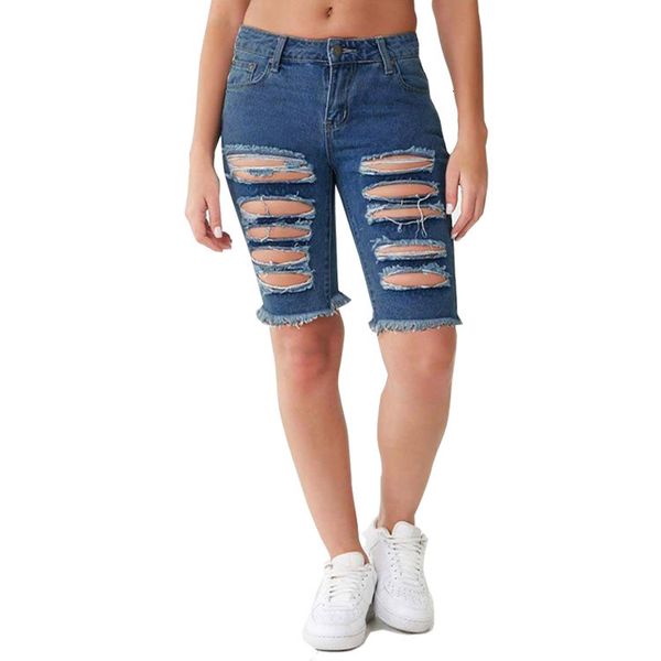 

women's wear pants with holes tassels in spring and summer of 2019, Blue