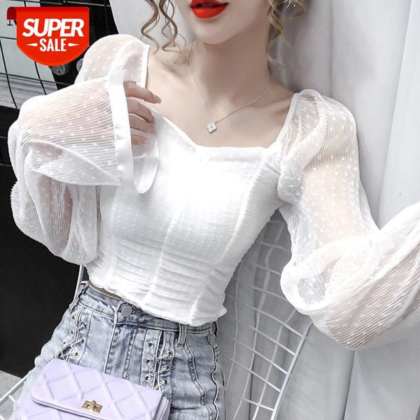

new square collar pleated white chiffon blouse women vintage puff sleeve crop mujer casual short shirts women 12071 #jn6u