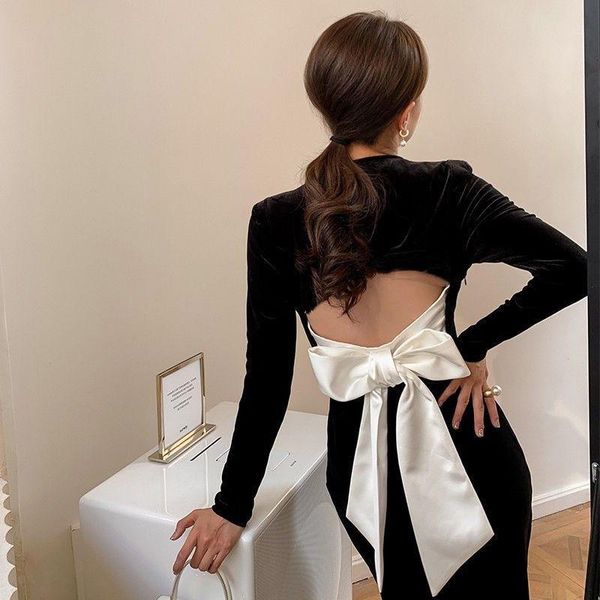 

black retro long dress for women new arrival party dressfemale long sleeve dres back bandage bottoming dresses, Black;gray