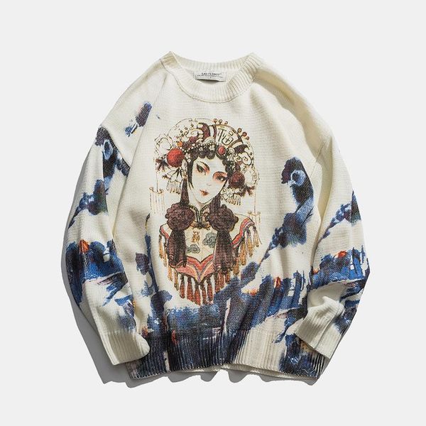 

men's sweaters winter men's sweater round neck pullover korean fashion clothing loose casual harajuku chinese style print men1, White;black