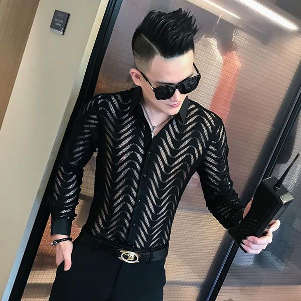 

men's casual shirts men transparent shirt summer short sleeve camisa hombre stitching stripe see through chemise homme marque, White;black