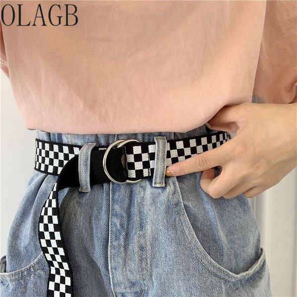 

fashion street style women punk checkerboard long belt d ring plaid checkered belts jeans black blue yellow canvas strap 234, Black;brown