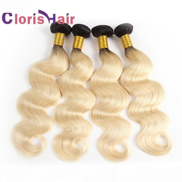 

dark roots blonde ombre bundles body wave human hair weaves colored two tone 1b 613 brazilian virgin wavy ombre hair extensions, Black