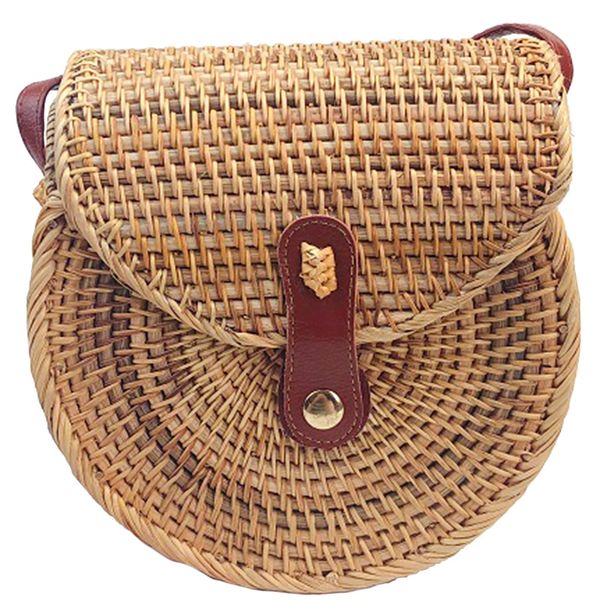 

crossbody shoulder bag rattan handmade round straw woven boho beach travel handbag and everyday use for women,leather