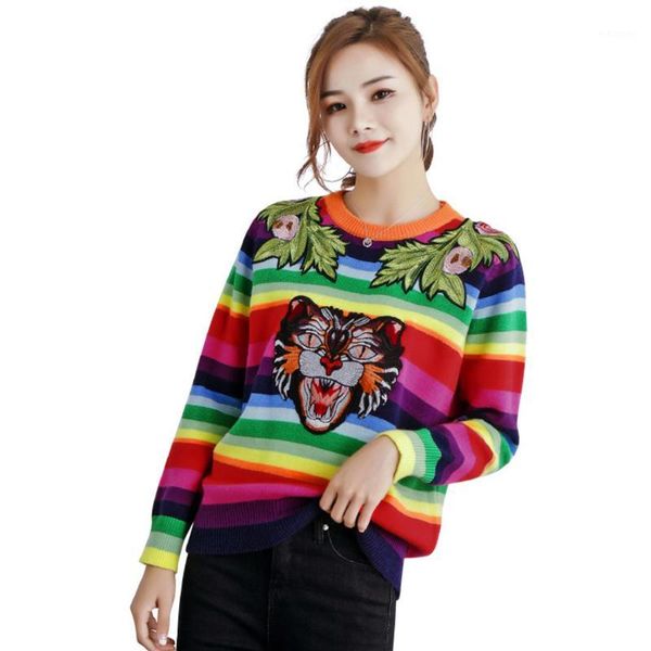

qooth color striped sweaters women tiger 2019 fashion streetwear pullovers and sweater femme pull stripe jumper qh18841, White;black