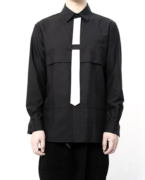 

plus size customized new fashion male stitching tie slim simple versatile long sleeve shirt [s~6xl], White;black