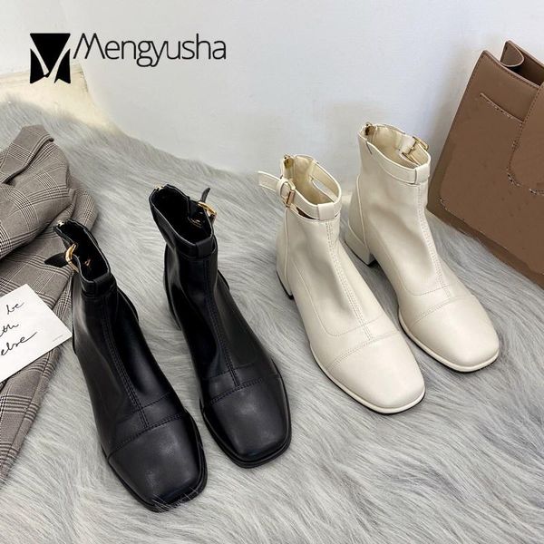 

buckle strap slim femmes bottes sewing square toe pu leather ankle short botas zipper chunky med high heels riding boots women, Black