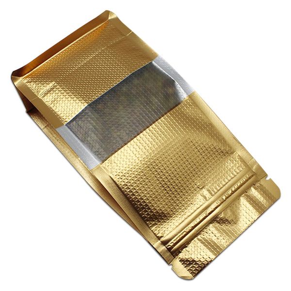 

30pcs lot stand up gold with lines mylar foil clear window organ bag zipper seal resealable side gusset food storage pack pouch h bbymza