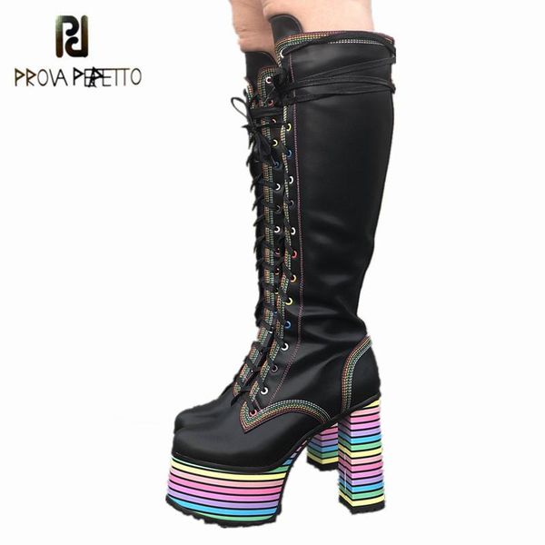 

boots prova perfetto rainbow platform shoes woman front lace thigh high microfiber round toe zipper side square heels, Black