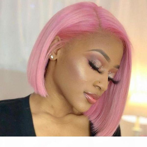 

pink bob wigs for black women pre plucked virgin brazilian glueless short color pink lace front wig human hair with baby hair, Black;brown