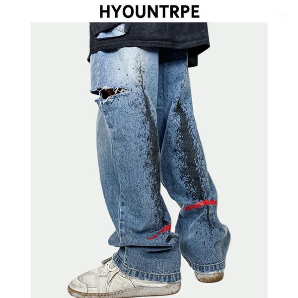 

fashion side ripped holes denim pants men casual back graffiti printed streetwear jean trouser new long pant jogger casual jeans1, Blue