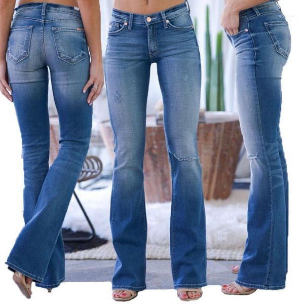 

mom jeans women skinny slim mid waisted denim jeans pocket stretch button bell-bottom pants mujer11, Blue