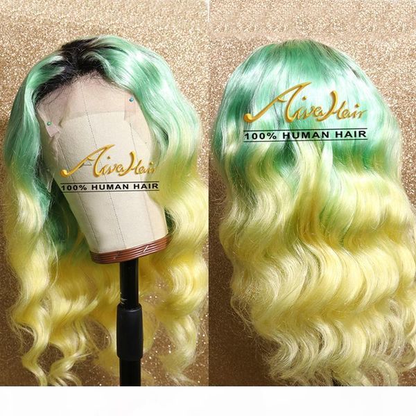 

aiva full lace human hair green ombre yellow wigs with baby hair body wave transparent colorful full remy glueless wigs, Black;brown