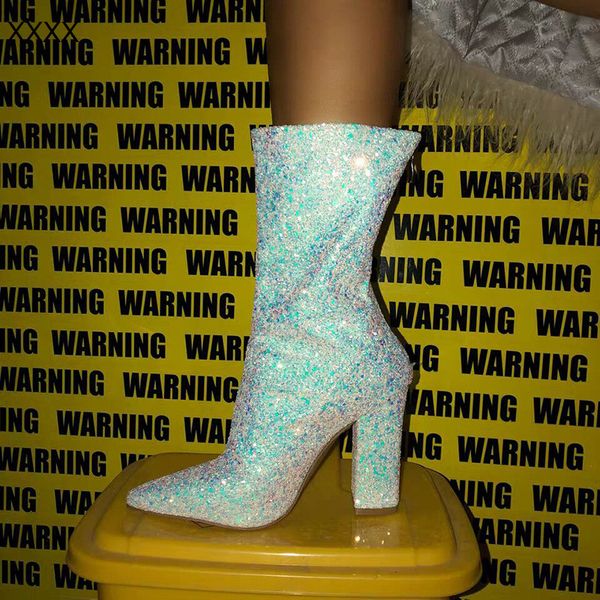 

european and american station pointed big size women's boots thick with sequins in the tube high-heeled boots, Black