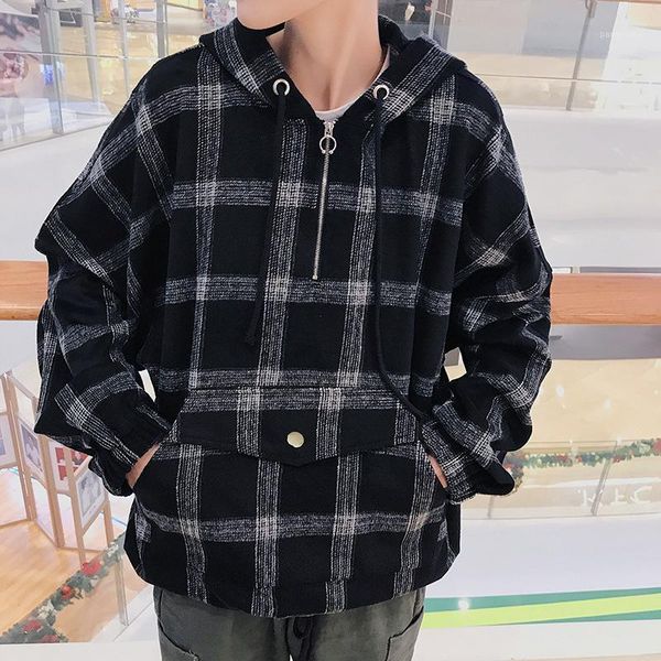 

plus size black hoodie men plaid loose harajuku sweatshirts hooded men's hoodies japanese streetwear clothes vintage aesthetic1