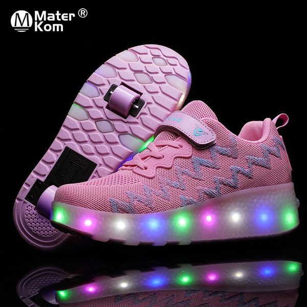 

size 28-43 kids glowing roller skate shoes with double wheels for girls boys usb charged luminous wheel sneakers for children, Black