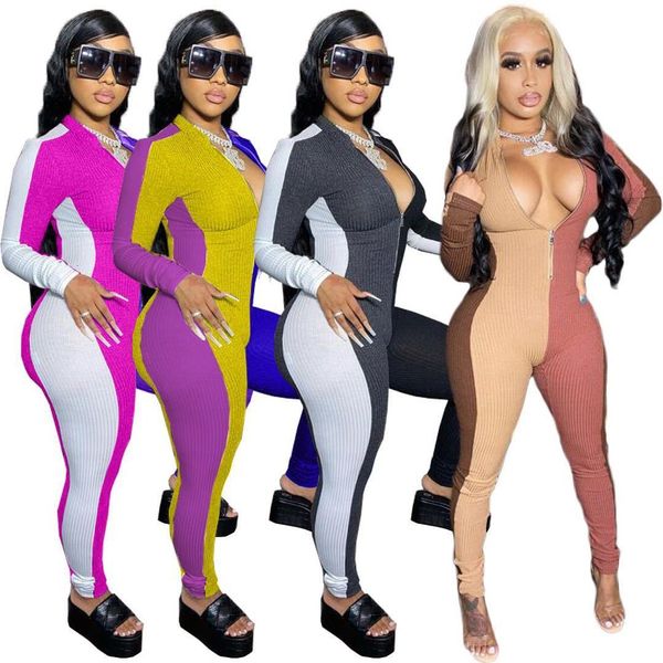 

hm6342 2020 autumn and winter slim bag hip color matching zipper fashion jumpsuit