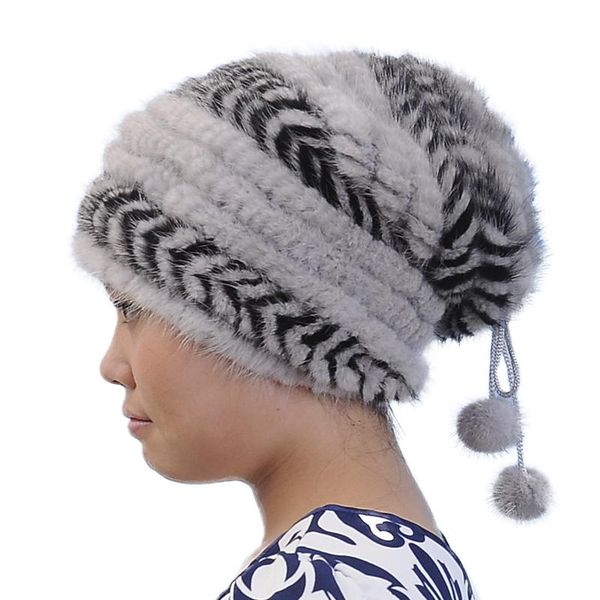

beanie/skull caps natural real hat women winter warm ear protection fashion stripes big cap 2021 design r5, Blue;gray