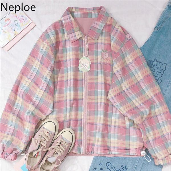 

neploe japanese plaid coat long sleeve zipper rainbow jacket 2019 autumn both sides wear jackets women causal cardigan 543951, Black;brown