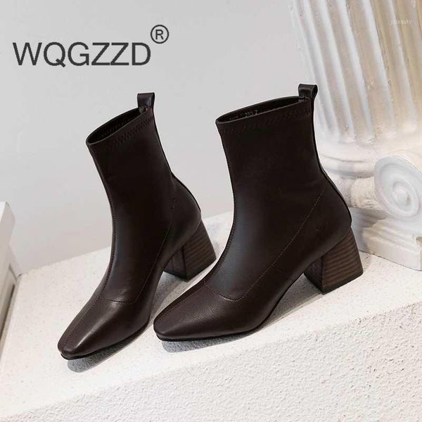 

bottes femme high heels shoes women's boots genuine leather soft stretch mid-calf boots zapatos mujer1, Black