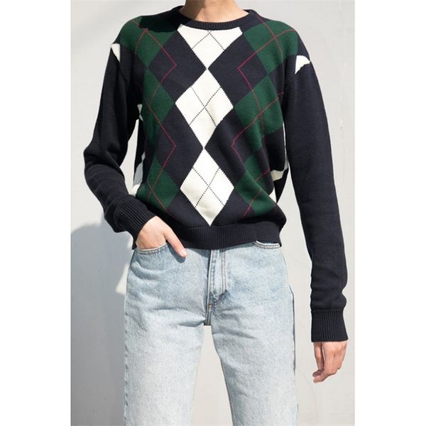 

vintage stylish geometric rhombic pullover sweater women fashion spring and autumn long sleeve outerwear england style 201128, White;black