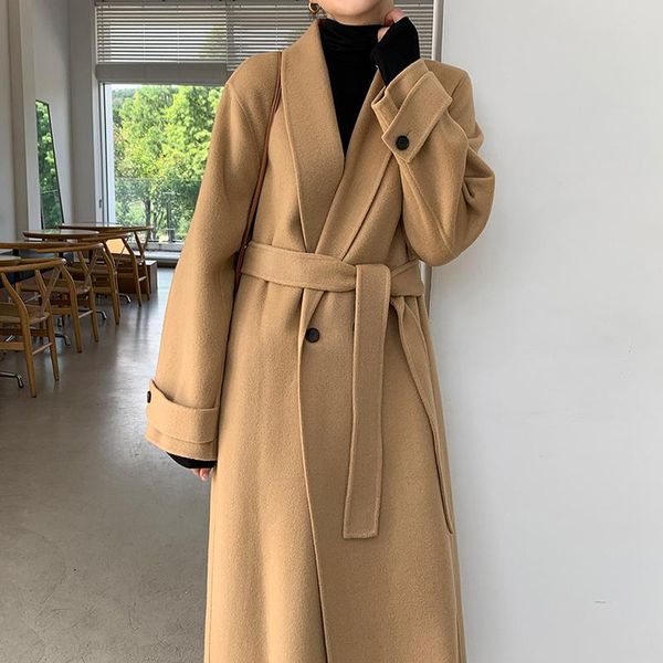 

wavsiyier loose warm elegant long woolen coat women solid thicken ladies notched collar winter jacket lace-up 2020 blend coats, Black