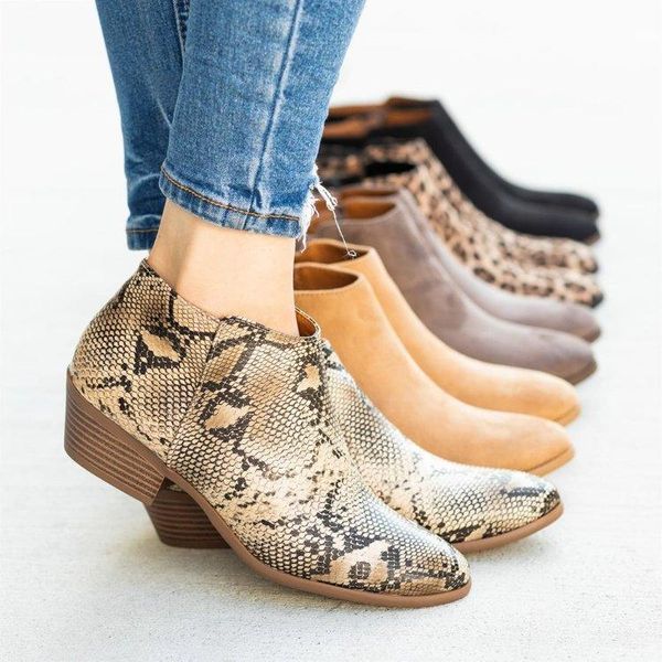 

women artificial leather ankle boots vintage leopard low heels women's zip female short boots ladies retro shoes plus size 43, Black