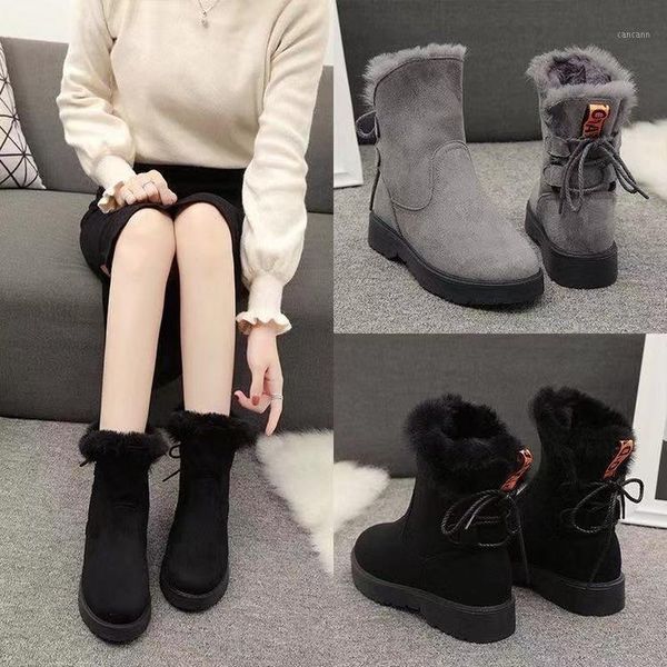 

winter snow boots women shoes flock mid-calf fur boots flats zapatos de mujer lace-up faux suede slim plush warm non-slip1, Black