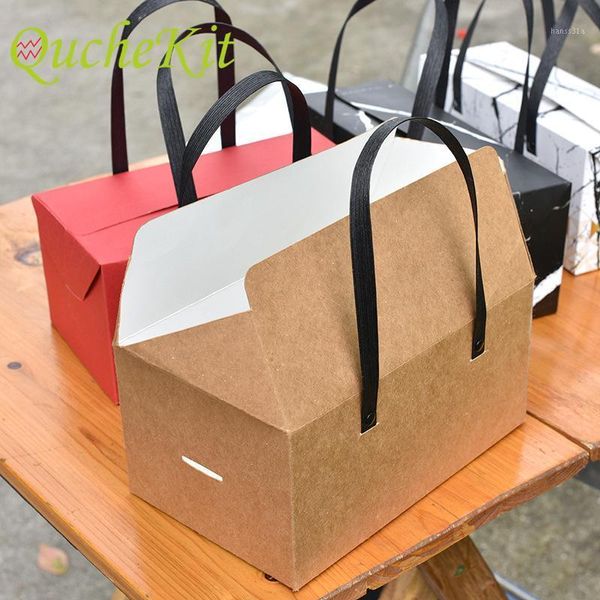 

10pcs/lot diy kraft paper gift box package with handle festival candy favors box baking cake folded dessert packaging1