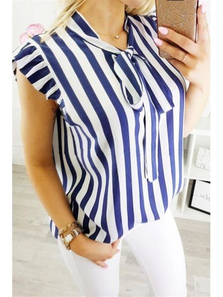

2018 summer lace up round neck sleeveless blouse women ruffle striped shirt ws8871v1, White