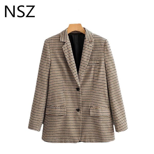 

nsz women elegant plaid blazer long sleeve double breasted slim check coat office work lattice suit jacket houndstooth outerwear c1007, White;black