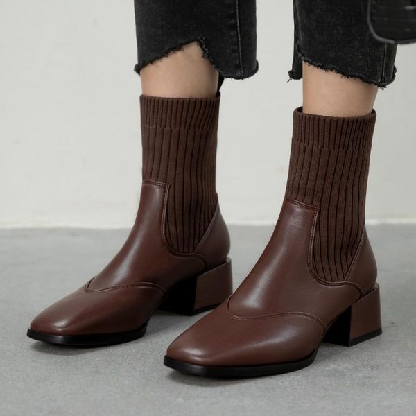 

new arrivals slip on knitting chic winter shoes boots women big size 48 chunky heels classic ankle sock boot female, Black