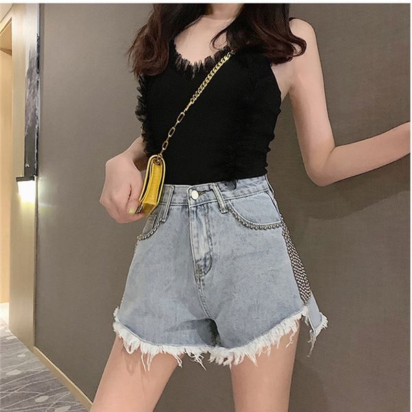

2019 high-waisted denim shorts with fringed a-line wide legs, Blue