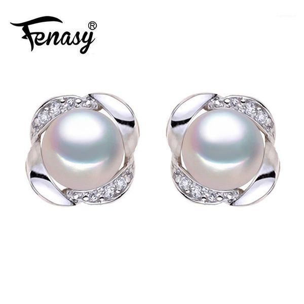 

FENASY natural Pearl earrings 925 Sterling Silver stud earrings for women office style pearl Jewelry classic with box1, Golden;silver
