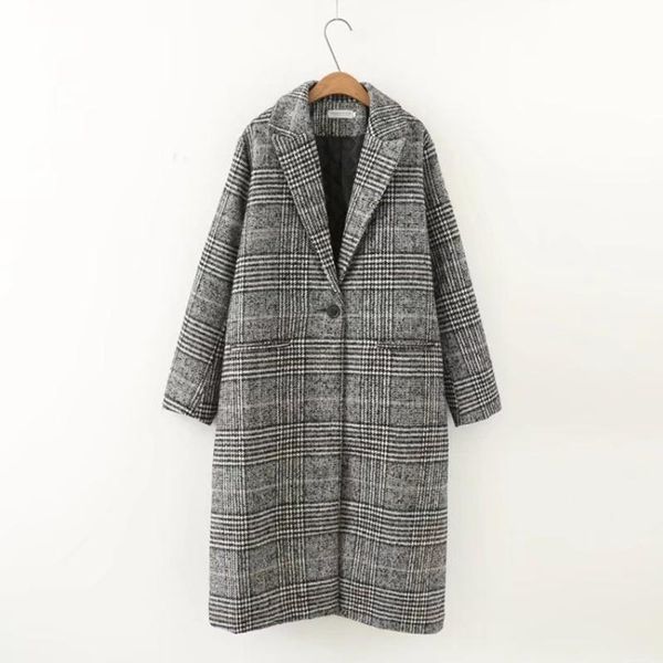 

women's wool & blends 2021 winter fashion clothing plus size turn-down collar clothes loose lattice female boutique woolen coat yzh318, Black