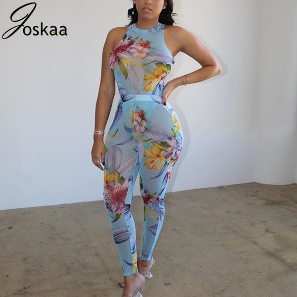

joskaa mesh print floral print women sleeveless bodysuit + long pants 2 piece set club night party matching tracksuit 201008, White