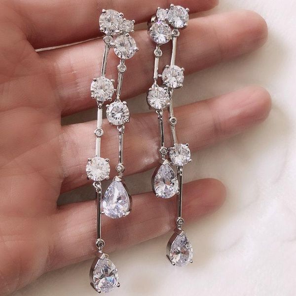 

dangle & chandelier fashion long tassel cz drop earring for women, Silver