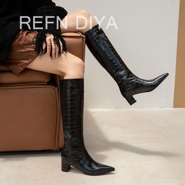 

2020 autumn winter genuine leather shoes woman side zipper high heels knee high boots party casual shoes woman refn diya, Black