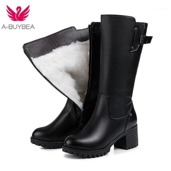 

boots russia pu leather fur fashion knee high thick heel women warm natural wool round toe winter snow1, Black