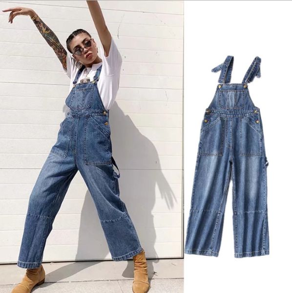 

autumn winter wear loose jumpsuit vintage 90's blue denim jean grunge bib overall pants jumpsuit high waisted denim overalls, Black;white