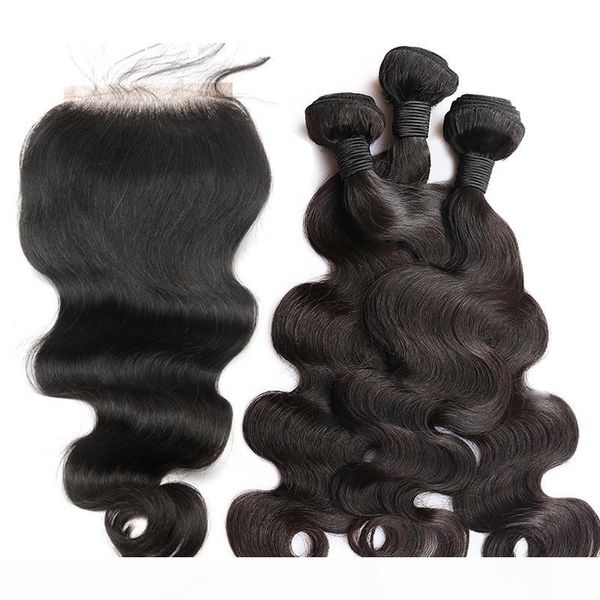 

elibess hair-100g pcs body wave human hair bundles with closure brazilian hair weave 3 bundles with closure remy hair weft, Black