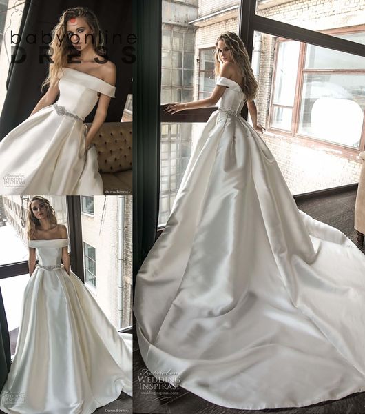 

princess off shoulder satin a line wedding dresses 2021 with beaded crystal sash custom made bridal wedding gowns vestido de novia bc5500, White