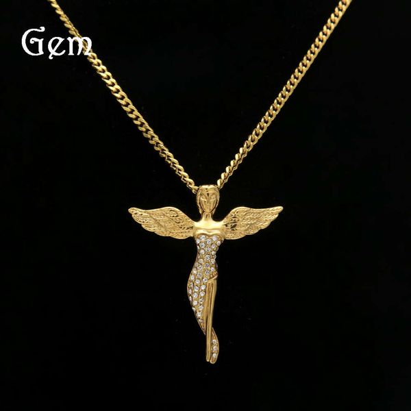 

new hip hop accessories stainless steel angel pendant series diamond gilded long leg elegant angel necklace, Silver