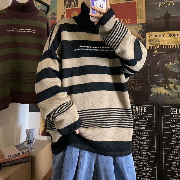 

2021 winter new men's striped warm woman embroidery thickened turtleneck sweater male casual oversize clothes 3r4e, White;black
