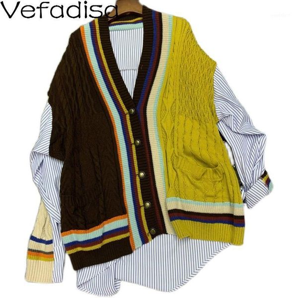 

vefadisa gray yellow polyester patchwork cardigans sweater women 2020 autumn v-neck knitted coat fake two piece sweater qyf45471, White