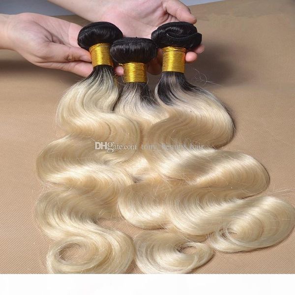 

brazilian dark root blonde hair body wave 3pcs two tone 1b 613 ombre wavy hair 8"-30" two tone ombre brazilian hair extensions, Black