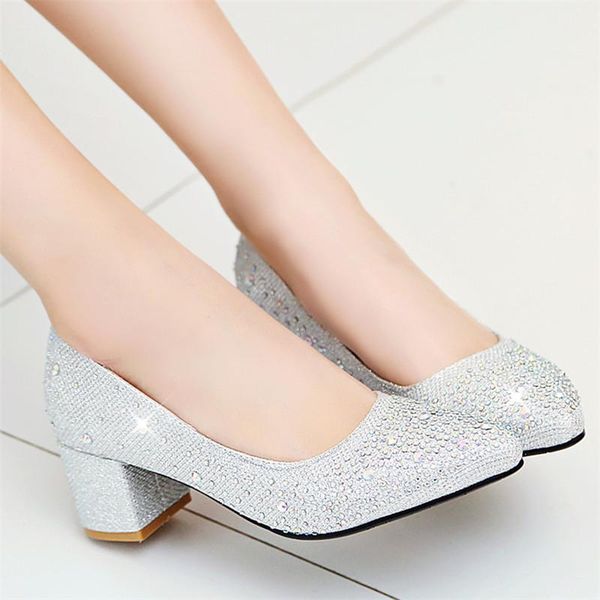 

coolulu pointed toe pumps gold glitter block heels womens shoes medium heel 2020 new spring sequins wedding shoes bridal silver, Black